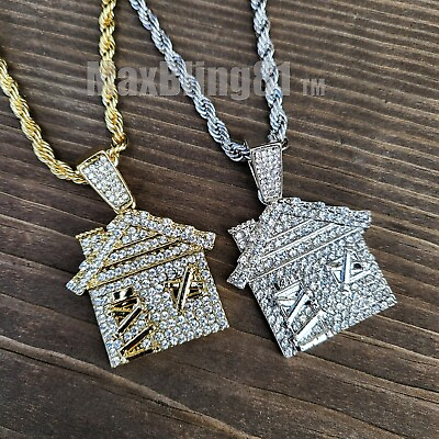 #ad Iced Trap House Pendant amp; 4mm 24quot; Rope Chain Bling Hip Hop Gold Silver Necklace $11.99