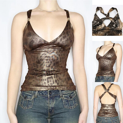 #ad Vintage Leopard Print Camisole Y2K Aesthetic Sleeveless Crop Tops Women Sexy Top $16.99