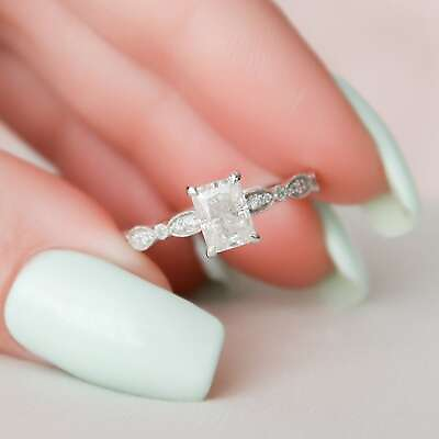 #ad Vintage 1Ct Moissanite Engagement Ring 14K White Gold Over Art Deco Radiant Ring $214.00