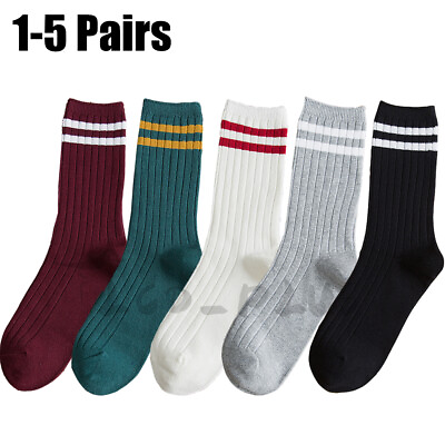 #ad 1 5 Pairs Womens Mens Athletic Sports Crew Socks Cotton Striped Classic Casual $14.69