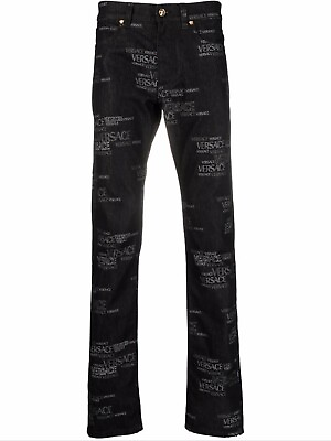 #ad Versace Men#x27;s Denim Black Logo Jacquard Tailor Fit Jeans Size 32 $398.00