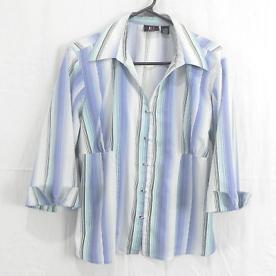 #ad ALC Women#x27;s Large Blue Striped Button Up 3 4 Sleeve Cotton Stretch Blouse $12.69