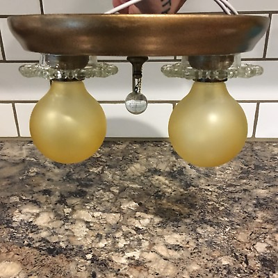 #ad Antique Flush Mount Fixture Two Light Wired 9.5” Wide Glass 18F $280.00