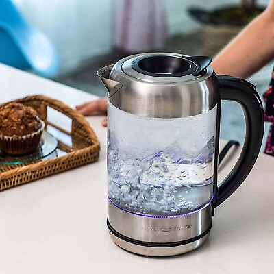 #ad Electric Glass Hot Water Kettle 1.7 Liter Blue LED Light Borosilicate Glass $21.54