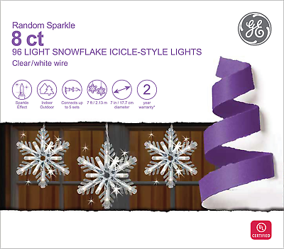 #ad GE Random Sparkle 8ct SNOWFLAKE Icicle Style Lights Clear Incandescent G.E. 8 ct $59.95