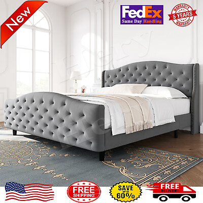 Upholstered King Queen Size Bed Frame Tufted Platform With Headboard Footboard $232.55