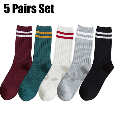 #ad 5 Pairs Women Men Cotton Athletic Sports Crew Socks Striped Retro Casual Classic $12.95