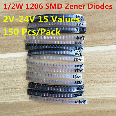 #ad 150PC 15 Values 0.5W 1 2W 2V 24V 1206 SMD Zener Diode Diodes Assorted Kit LL34 $3.27