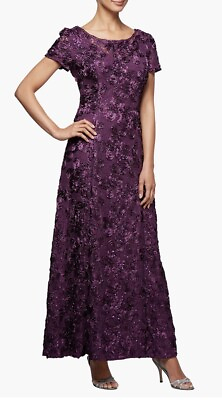 #ad Alex Evenings Embellished Lace A Line Sequin Rosette Gown Dress Eggplant Sz 14 $129.00