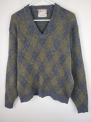 #ad Vintage Brentwood Sweater Mens L Green Wool Blend Pullover V Neck 60s $42.00
