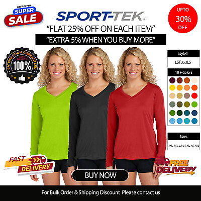 #ad Sport Tek Womens Long Sleeve PosiCharge V Neck Competitor Gym T Shirt LST353LS $18.54