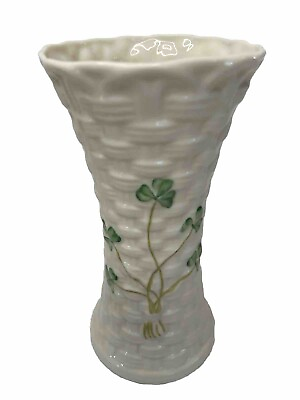#ad Belleek Colleen Vase 150 Year Anniversary Black Mark Basketweave Shamrocks $29.00