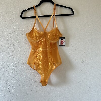 #ad French Affair Women’s Lace Thong Bodysuit Size Small NWT Radiant Yellow $39.88