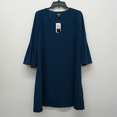 #ad ECI Womens Dress 10 Flounce 3 4 Bell Sleeve V Neck A Line Dress Teal Blue 10 $24.99