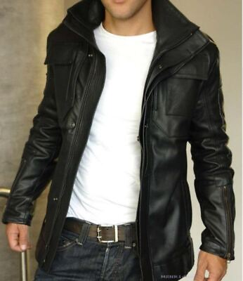 #ad New Leather Jacket Mens Biker Motorcycle Real Leather Coat Slim Fit Black #1081 $118.00