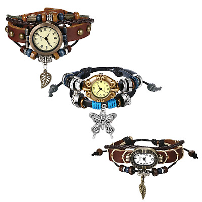#ad Women#x27;s Girls Retro Quartz Wrist Watch Multilayer Beaded Charms Leather Bracelet $29.99