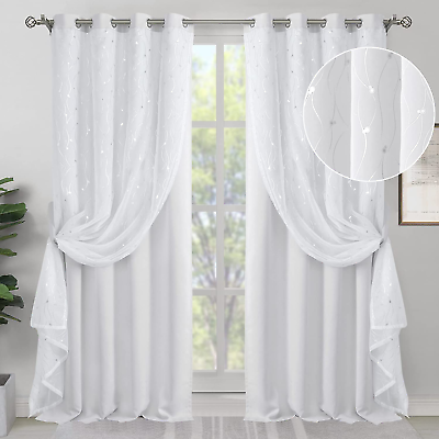 #ad Room Darkening Curtains with Sheer Overlay Silver Printed Double Layer Curtains $56.99