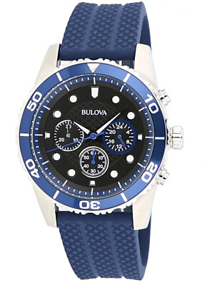 #ad Bulova Men#x27;s Quartz Chronograph Black Dial Blue Rubber Strap Watch 43mm 98A190 $90.99