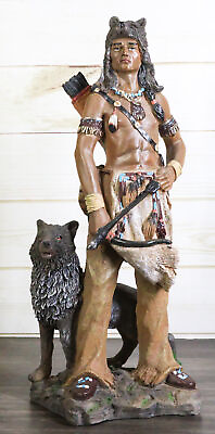 #ad Native Tribal Indian Warrior Holding Bow And Arrow With Alpha Gray Wolf Figurine $52.99