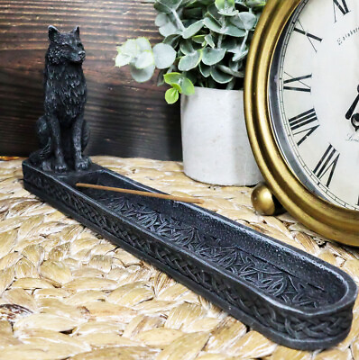 #ad Stoic Sitting Alpha Gray Wolf Incense Burner Holder With Celtic Knotwork 9.5quot;L $22.99