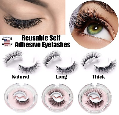 #ad 2 Pcs Reusable Self Adhesive Eyelashes Natural 3D Mink Glue Free False Eyelashes $7.73