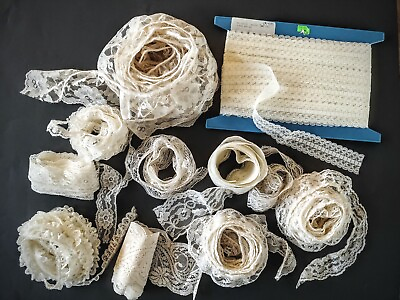 #ad Mixed Lot VTG Ecru Ivory Floral Lace Trim Various Widths Approx 55 Yds $29.90