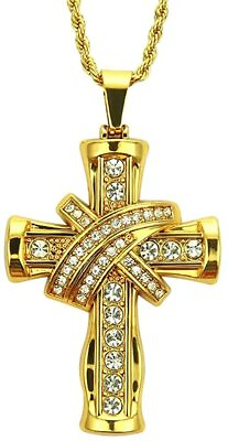 #ad LUXE Mens 14k Gold Cross Pendant MASCULINE Bling Chain Necklace for Men Plated $249.50
