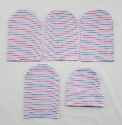 #ad Unisex 2 layer Rounded Newborn Hospital Hat Blue Pink Striped Set Of 5 $9.99