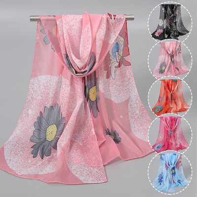 #ad Daisy Floral Chiffon Scarf 150*50cm Thin Soft Silk Shawl Pastoral Style Elegant C $5.24