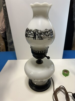 #ad Currier amp; Ives Milk Glass Table Lamp 15” Tall Electric Tested Farm Scene $50.00