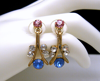 #ad Vintage Pink Blue Clear Rhinestone Dangle Post Back Earrings Gold Tone $11.24