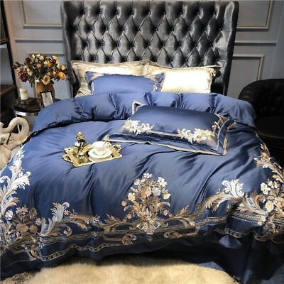 #ad Luxury1000TC EgyptianCotton Gold EmbroideryPalace Bedding Set Blue Champagne $334.13