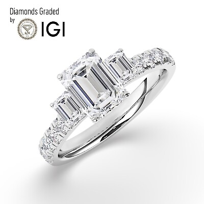 #ad IGI 2 CT Solitaire Lab Grown Emerald Diamond Trilogy Ring 950 Platinum $2143.20