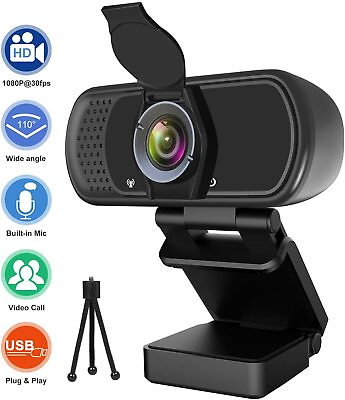 1080P HD Webcam with Microphone Privacy Cover Tripod 30FPS Streaming 110° Angle $28.49