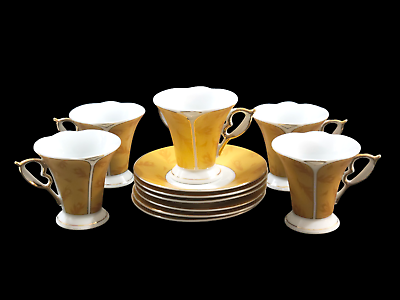 #ad 6 Vintage Fine Porcelain Espresso Demitasse Cups amp; Saucers Yellow w Gold Trim $37.49