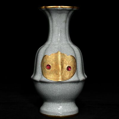 #ad 9“ China ancient Ru Kiln Copper clad set gems Flower mouth bottle $339.70