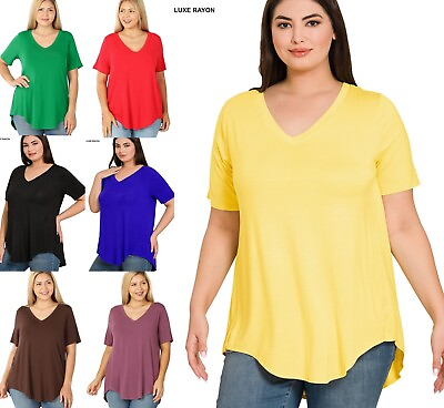 #ad 1X 2X 3X Luxe Rayon V Neck Short Sleeve Top Hi Low Rounded Hem Loose Fit T Shirt $12.45
