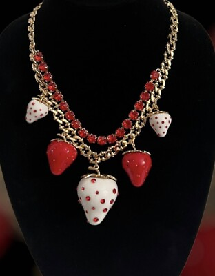 #ad $148 New BETSEY JOHNSON Crystal Rose Enamel 3D Strawberry Pendant Necklace $74.00