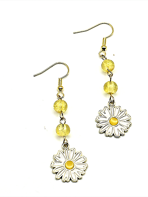 #ad White amp; Yellow Enamel Gerbera Daisy Flower Daisies Dangle Drop Earrings w Glass $2.48