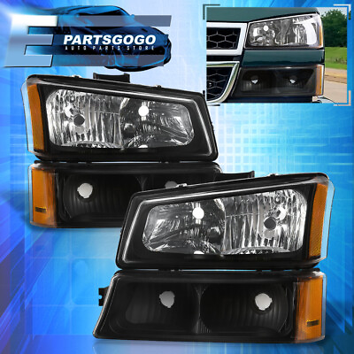 #ad For 03 06 Chevy Silverado 1500 2500 Black Headlights Amber Signal Bumper Lamps $51.99