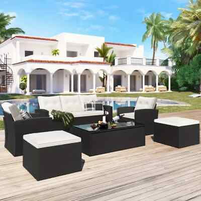 #ad #ad Patio Wicker 6 Furniture Outdoor Chair Couch Set Table Set Black Cream Rattan $839.00