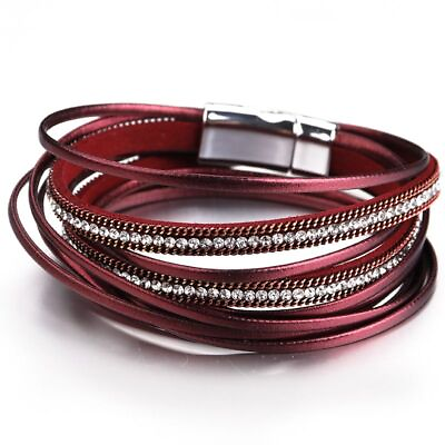 #ad Multilayer Leather Magnet Clasp Bracelet Women Double Wrap Wide Bracelets 1pc $11.19