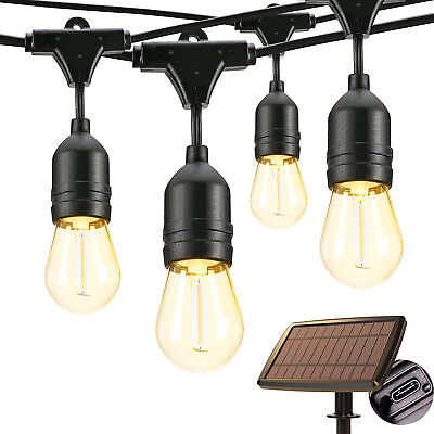 #ad S14 Solar String Lights Outdoor Waterproof Patio Lights 48FT 15 LED Edison Bulbs $29.99