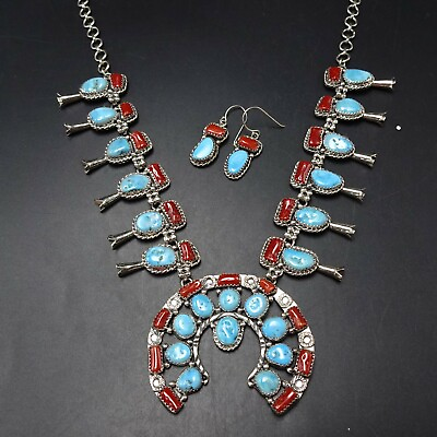 #ad RADIANT Sterling Silver RED MEDITERRANEAN CORAL Turquoise NECKLACE EARRINGS Set $1545.50