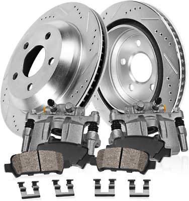 #ad Rear Calipers and Drilled Slotted Brake Disc Rotors and Ceramic Pads Hardware $272.99