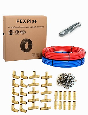 #ad 1 2quot; 2x 100ft 200ft PEX Pipe 30 Pcs 1 2quot; Brass Fitting 100 Pcs Clamps Cutter $106.99