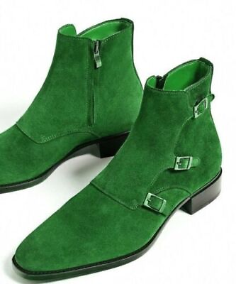 #ad New Boots Formal Men#x27;s Green Suede Triple Buckle Monk Strap Premium Ankle Shoes GBP 192.99