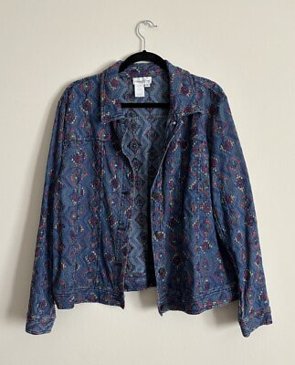 #ad Cold water Creek Embroidered Denim Jacket Floral Kaleidoscope Design Size XL $25.00