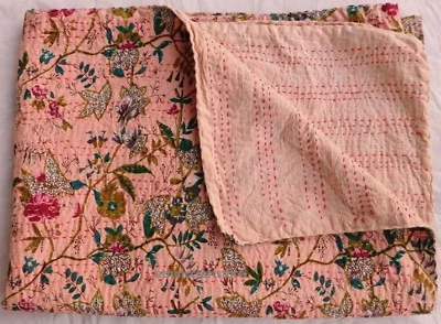 #ad Indian handmade Floral Kantha Quilt Reversible Coverlet Queen kantha Bed Cover $37.62