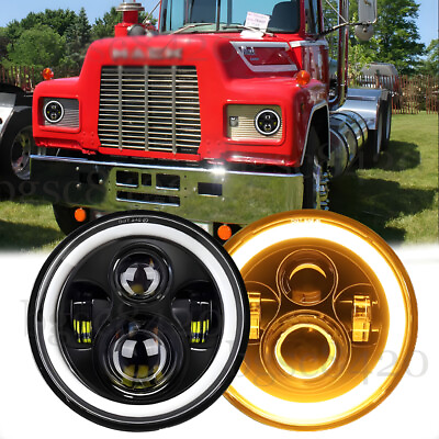 #ad Pair 7quot; Chrome Round LED Headlights Halo DRL Hi Lo Turn Signal fit Mack R Truck $34.99